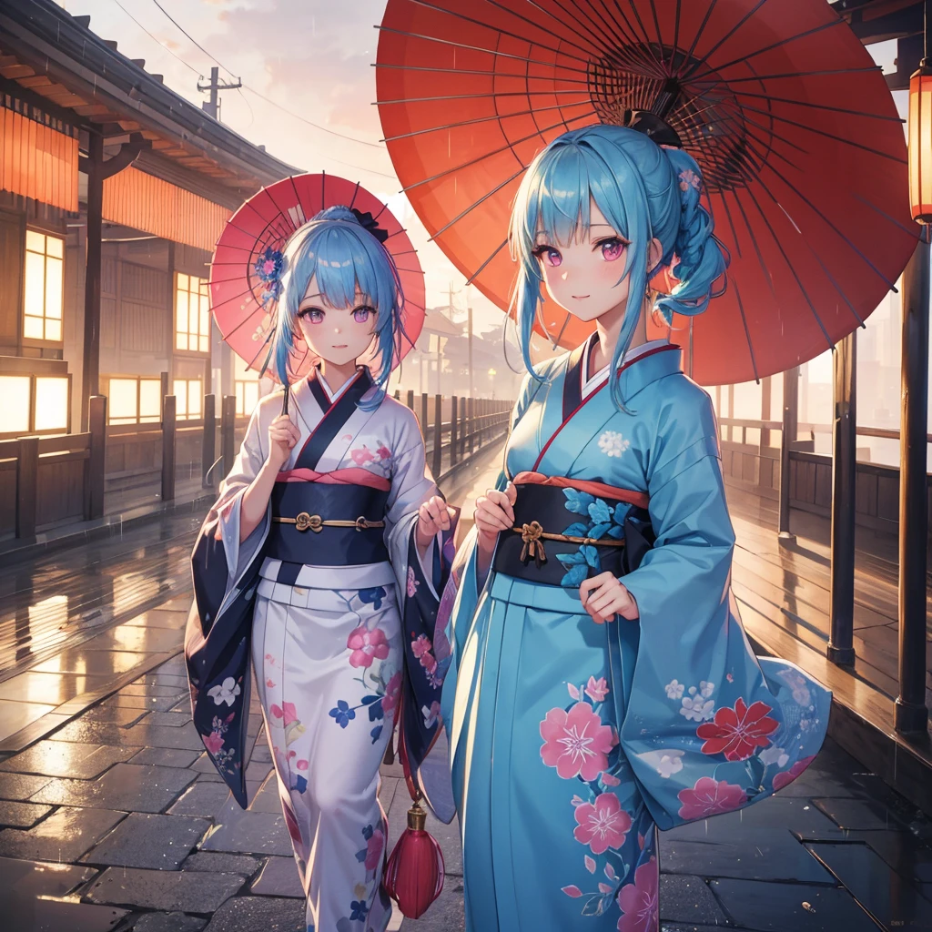 sky Blue hair, (braided ponytail),(pink eyes),fair skin ,(full body),(1 girl),smile,Straight Bangs,(masterpiece, best quality, ultra-detailed, best shadow), (detailed background), (beautiful detailed face), high contrast, (best illumination, an extremely delicate and beautiful), ((cinematic light)), colorful, hyper detail, dramatic light, intricate details,rain shower,kyoto,Japanese Umbrella,kimono,