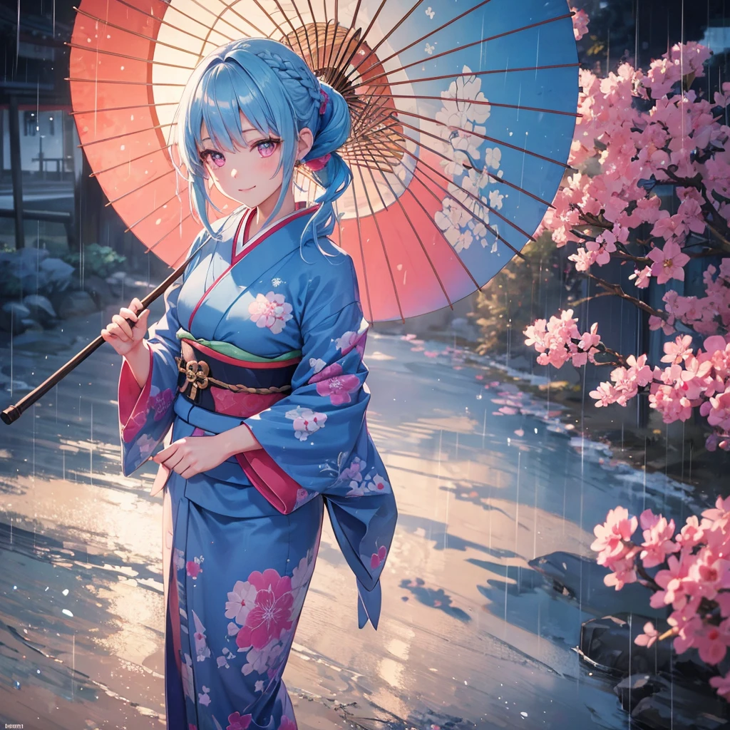 sky Blue hair, (braided ponytail),(pink eyes),fair skin ,(full body),(1 girl),smile,Straight Bangs,(masterpiece, best quality, ultra-detailed, best shadow), (detailed background), (beautiful detailed face), high contrast, (best illumination, an extremely delicate and beautiful), ((cinematic light)), colorful, hyper detail, dramatic light, intricate details,rain shower,kyoto,Japanese Umbrella,kimono,