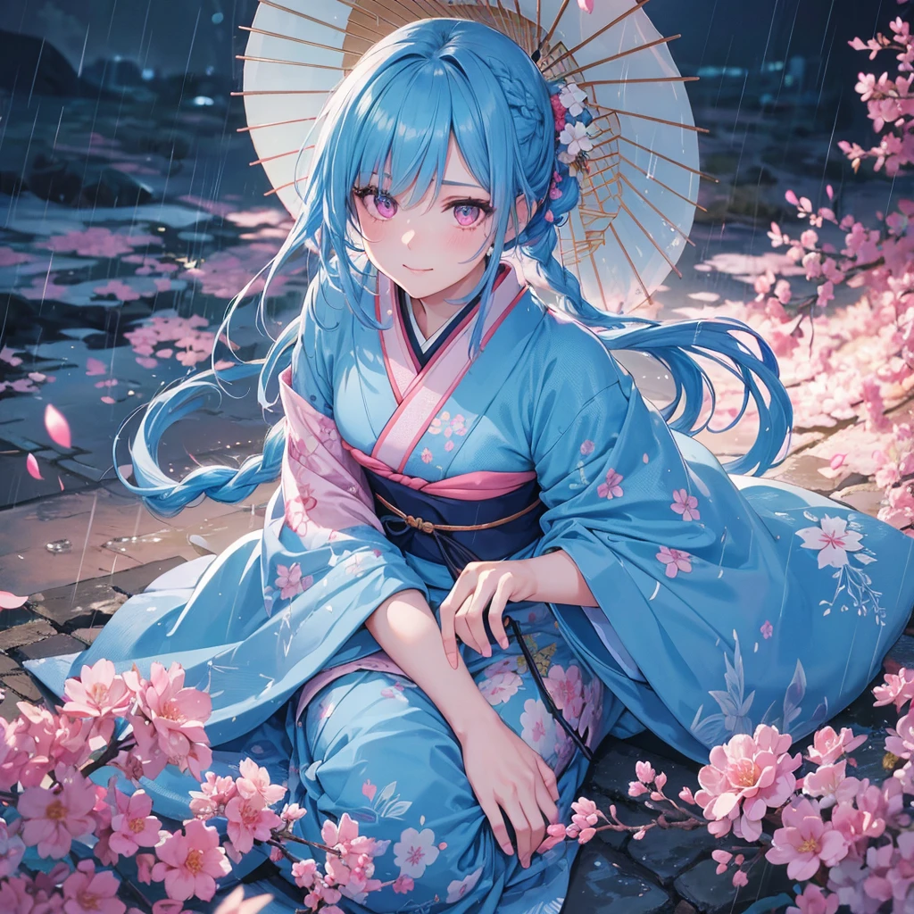 sky Blue hair, (braided ponytail),(pink eyes),fair skin ,(full body),(1 girl),smile,Straight Bangs,(masterpiece, best quality, ultra-detailed, best shadow), (detailed background), (beautiful detailed face), high contrast, (best illumination, an extremely delicate and beautiful), ((cinematic light)), colorful, hyper detail, dramatic light, intricate details,rain shower,kyoto,Japanese Umbrella,kimono,