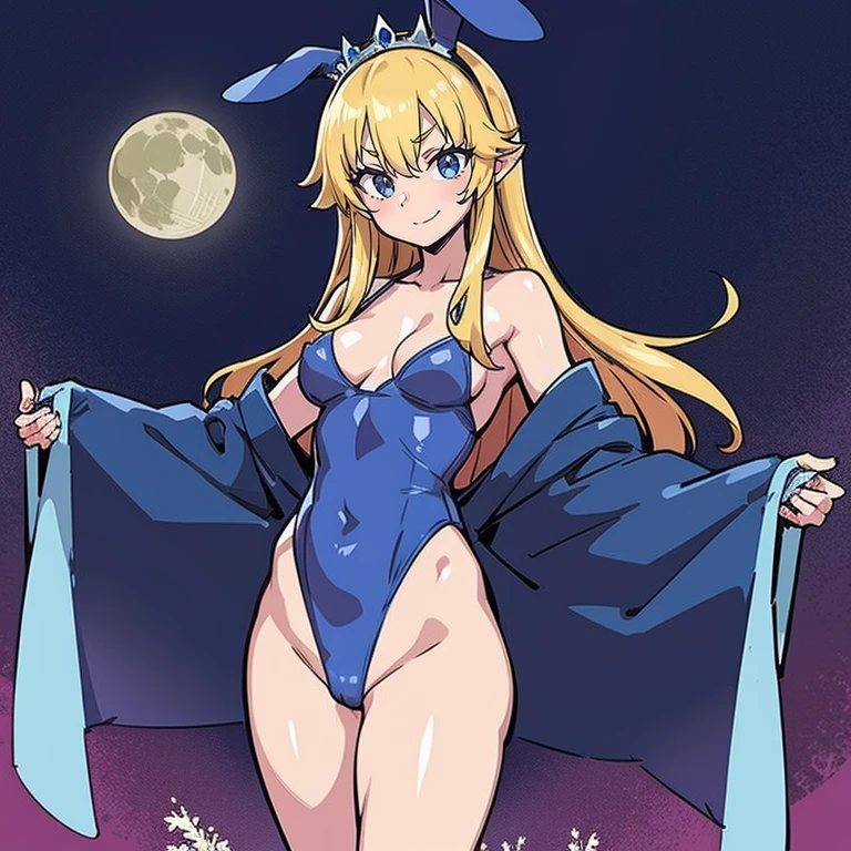 maximum quality、extremely delicate and beautiful、I am、I am、a 14 year old、Japanese、Chiquita、a high school student、A brunette、Canine ears、far away、((blue leotard costume))、（leg high）、tiara on head、a smirk、standing、facing the front、The background is a resort pool、Represents the entire body、gravure