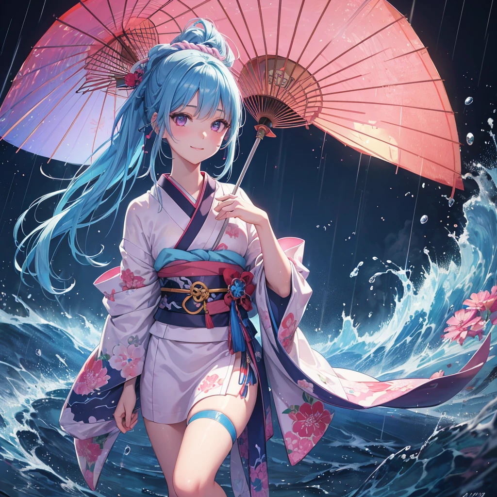 sky Blue hair, (braided ponytail),(pink eyes),fair skin ,(full body),(1 girl),smile,Straight Bangs,(masterpiece, best quality, ultra-detailed, best shadow), (detailed background), (beautiful detailed face), high contrast, (best illumination, an extremely delicate and beautiful), ((cinematic light)), colorful, hyper detail, dramatic light, intricate details,(rain shower),kyoto,big Japanese Umbrella,kimono,