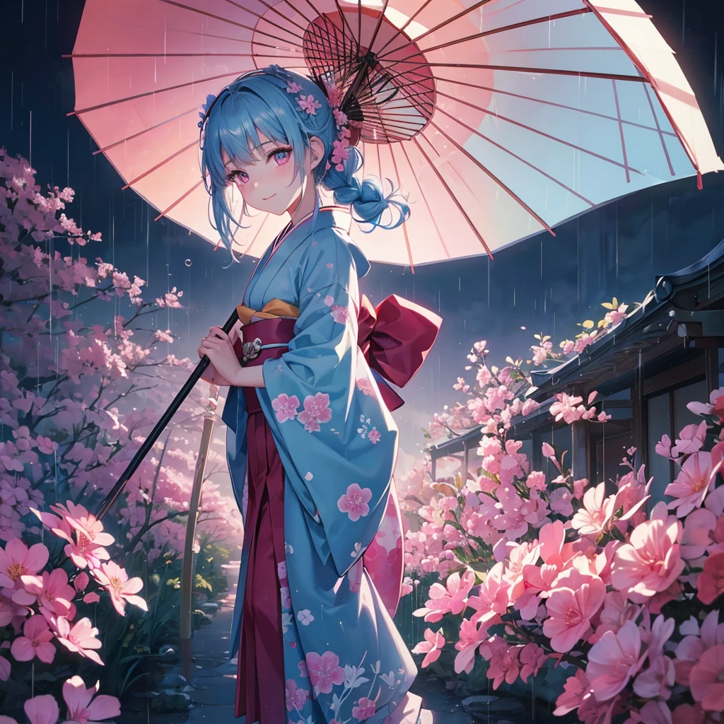 sky Blue hair, (braided ponytail),(pink eyes),fair skin ,(full body),(1 girl),smile,Straight Bangs,(masterpiece, best quality, ultra-detailed, best shadow), (detailed background), (beautiful detailed face), high contrast, (best illumination, an extremely delicate and beautiful), ((cinematic light)), colorful, hyper detail, dramatic light, intricate details,rain shower,kyoto,Japanese Umbrella,kimono,