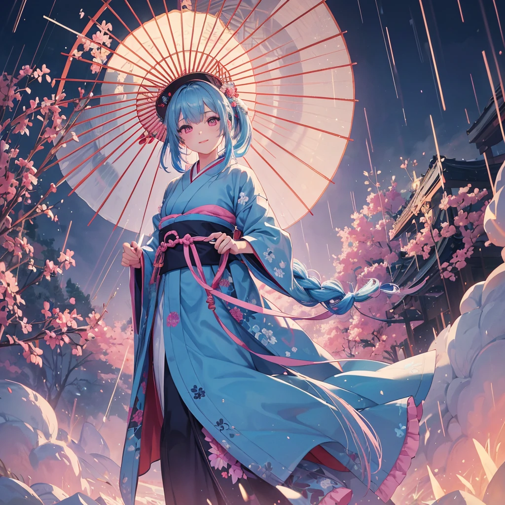 sky Blue hair, (braided ponytail),(pink eyes),fair skin ,(full body),(1 girl),smile,Straight Bangs,(masterpiece, best quality, ultra-detailed, best shadow), (detailed background), (beautiful detailed face), high contrast, (best illumination, an extremely delicate and beautiful), ((cinematic light)), colorful, hyper detail, dramatic light, intricate details,rain shower,kyoto,Japanese Umbrella,kimono,