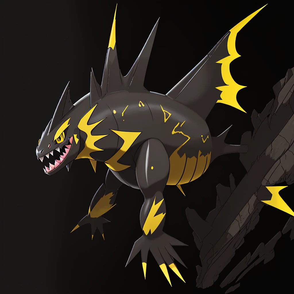 pokemon fish, evolved, Yellow eyes, Sharp teeth, legendary, rocky looking, skin colored underneath, black with yellow on top, black stripes on the upper part of the body, pointed tail