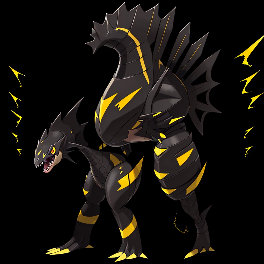 pokemon fish, evolved, Yellow eyes, Sharp teeth, legendary, rocky looking, skin colored underneath, black with yellow on top, black stripes on the upper part of the body, pointed tail