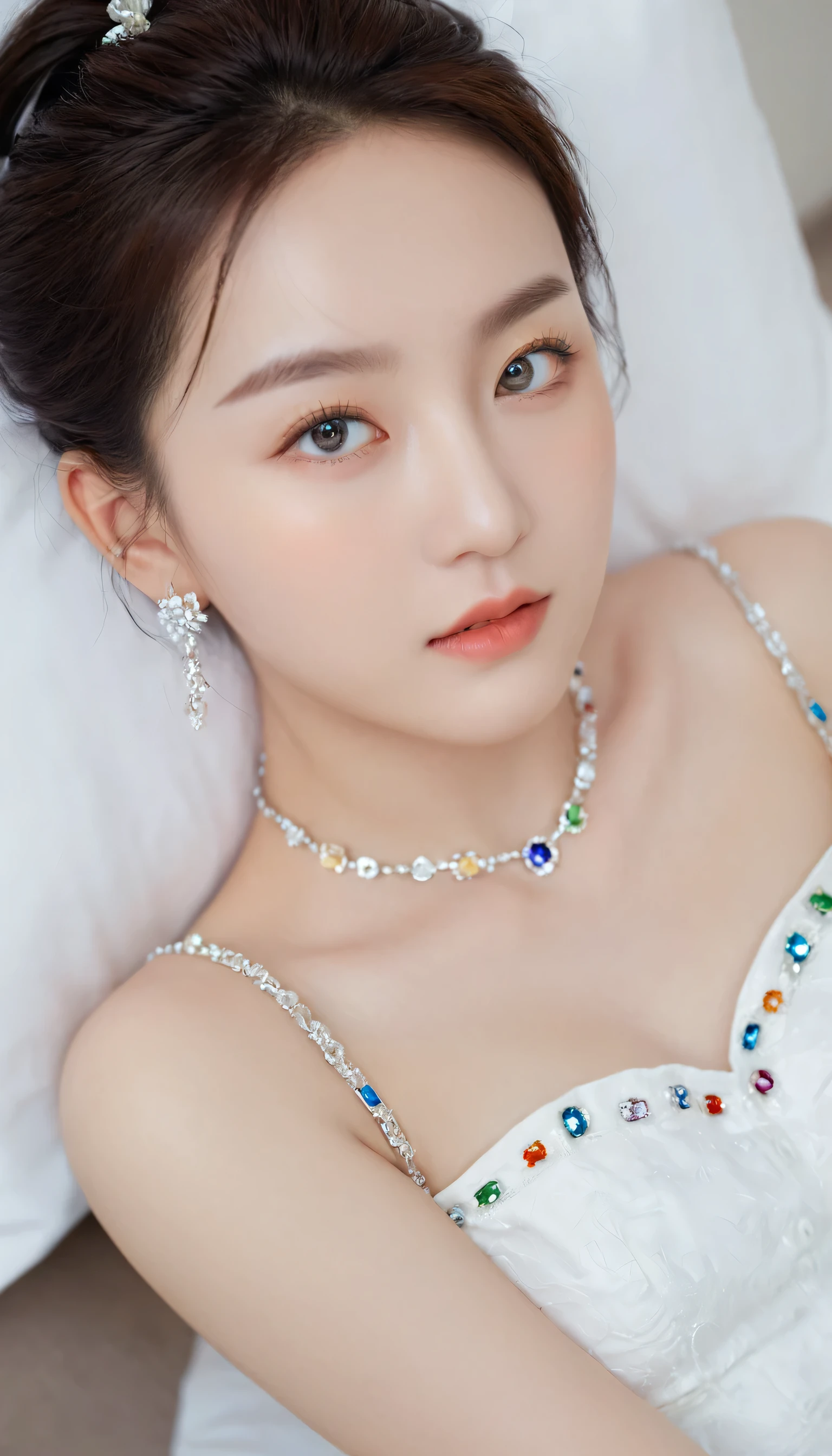 16k ultra-fine CG wallpaper, masterpiece, Excellent image quality, Super Exquisite), (Excellent lighting, Exquisite), Really smooth skin, Bright face, 18K close-up perfect display, Change, Lovely, Girl wearing Exquisite sleeveless shirt and long skirt, Lying on the big white bed, Colorful jewel-like eyes.