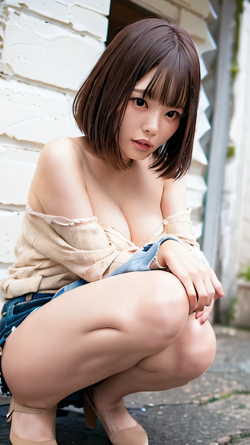 (8K、Raw photo、Highest quality、masterpiece:1.2)、(Realistic、Photorealistic:1.37)、Ultra-detailed、Ultra-high resolution、(((Pink beige short hair)))(((Has a vibrator in it)))(((Hamao、A beautiful, well-proportioned face、Skin with attention to detail)))(((Black off-the-shoulder T-shirt、Denim mini skirt)))、Cleavage Emphasis、Aggressive、(((Squat down with your knees apart、Shiny panties visible through her miniskirt)))