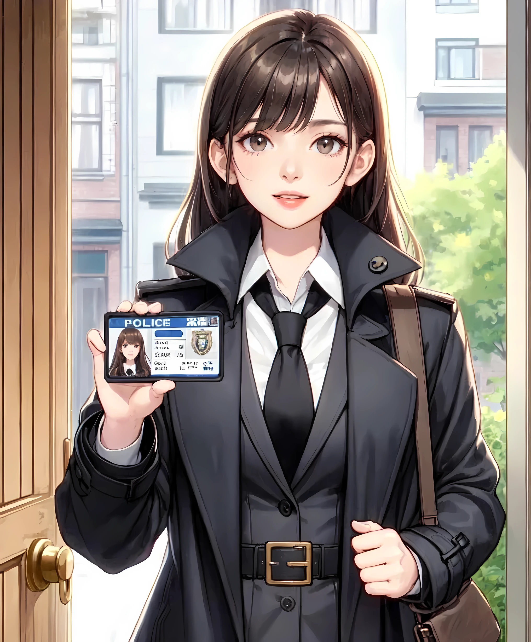 1lady standing, ((showing police badge:1.1) with photo ID) to viewers, female detective, police, (black trench coat) over business suit, (mature female:0.8), /(dark brown hair/) bangs, speaking, (light smile:0.4), (open mouth:0.6), (masterpiece best quality:1.2) delicate illustration ultra-detailed, large breasts BREAK (apartment entrance) outdoors, (open door), residential area, detailed background