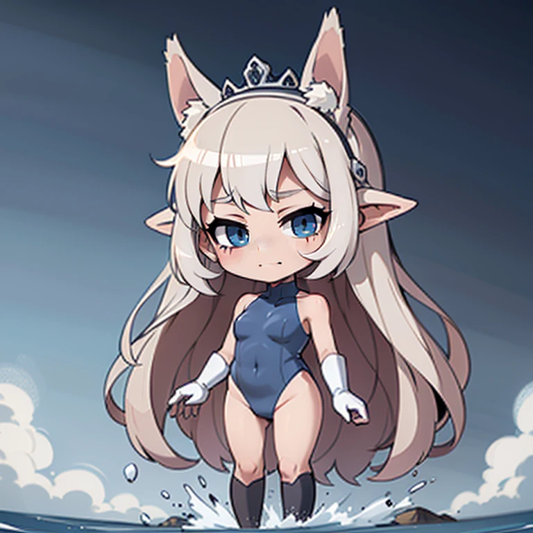 maximum quality、extremely delicate and beautiful、I am、I am、a 14 year old、Japanese、Chiquita、a high school student、A brunette、Canine ears、far away、((blue leotard costume))、（leg high）、tiara on head、a smirk、standing、facing the front、The background is a resort pool、Represents the entire body、gravure