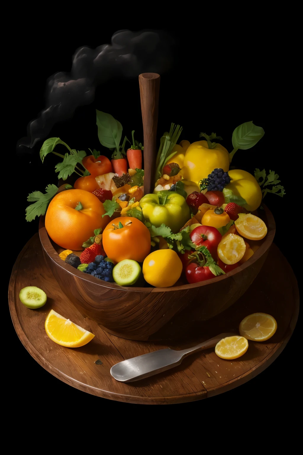 High-Definition Image: A visually appealing and nutritious spread of a balanced meal, artfully arranged to delight the senses. The color palette encompasses a rich array of vibrant hues, mimicking the diversity of fresh produce used. At the center, elegantly placed on a wooden board, lies a bowl filled with a medley of colorful fruits such as red apples, green grapes, and yellow oranges, all glistening with their natural juices. Surrounding this, there are assorted vegetables beautifully cut and arranged, such as bell peppers, zucchini, and carrots, adding pops of color against the wooden backdrop.

A steaming plate