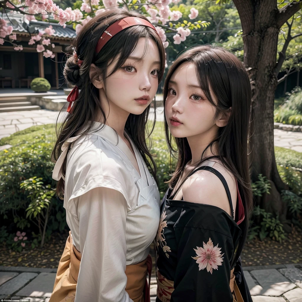 Lisa blackpink actress and kpop idol woman girl more realism in hair and clothing Visualize Noritoshi Kamo from Jujutsu Kaisen turned into a woman with a red haori over a black kimono, with loose and wavy hair, decorated with a jade headband wears a traditional Japanese clothing called yukata. Her yukata is black, with white and gold details. The texture is soft and light, typical of this type of garment. The shape of the yukata is long and loose., with wide sleeves. Regarding hair, Noritoshi Kamo wears it up in a high bun and decorated with a black ribbon. Besides, She wears a flower-shaped accessory on one side of her hair., that complements your traditional look. As for his face, Noritoshi Kamo has marked and serious features, with a penetrating gaze. His expression is calm and confident, reflecting his reserved and calculating personality. In general, Their clothing and appearance reflect their traditional and determined character.. LET THE IMAGE ONLY COME OUT IN THE MIDDLE Make Noritoshi Kamo from Jujutsu Kaisen look impressive and dominant in his female form, highlighting his combat prowess.Create a scene in which a prominent woman holds a saber in a Japanese mountain landscape.The central figure of the image should be a woman with a saber, surrounded by cherry blossoms in a Japanese atmosphere.How about an image of a woman with a saber in her hands, in the middle of a bamboo forest in Japan.The image should show a woman with a saber in a Japanese rice field, Surrounded by mountains.