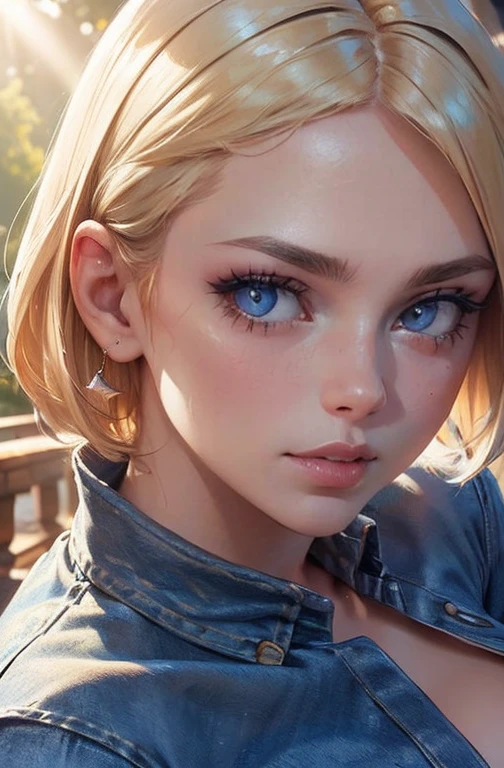 ((((work of art, best qualityer, high resolution)))), extremely detailed 8K, Beautiful girl with slender body, (ultra HD, ultra detali, highy detailed, highly realistic, Ultra-realistic, photography realistic), (1 girl:1.5), (Realistic blonde hair with dark roots), short and wavy hair, Bob Cut, (dynamic poses), facing the camera, drlight smile, (breasts big: 1.2), (beautifull detailed face, beautiful detailed eyes), (white top, fine material), see through the top, neckleace, dark denim shorts, sheen, sweat, (ray of sunlight, lighting sun), detailed makeup