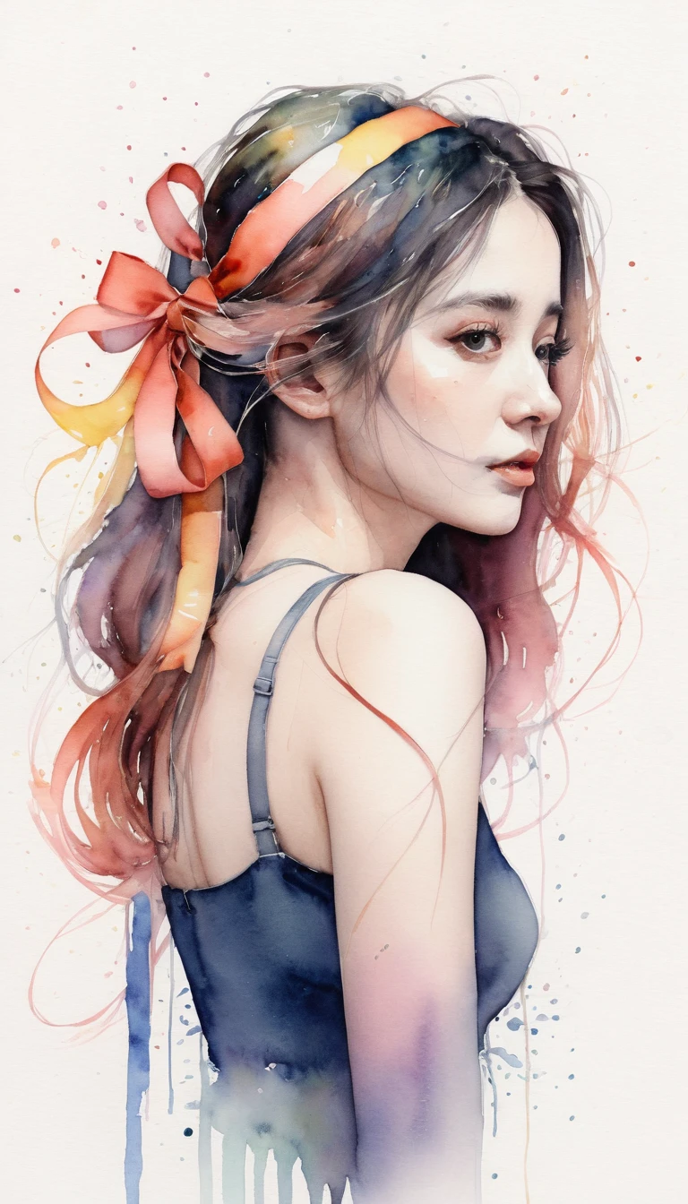 (8k, best quality, masterpiece:1.2),(best quality:1.0), (ultra highres:1.0), watercolor, a beautiful woman, shoulder, hair ribbons, by agnes cecile, half body portrait, extremely luminous bright design, pastel colors, (ink:1.3), autumn lights,