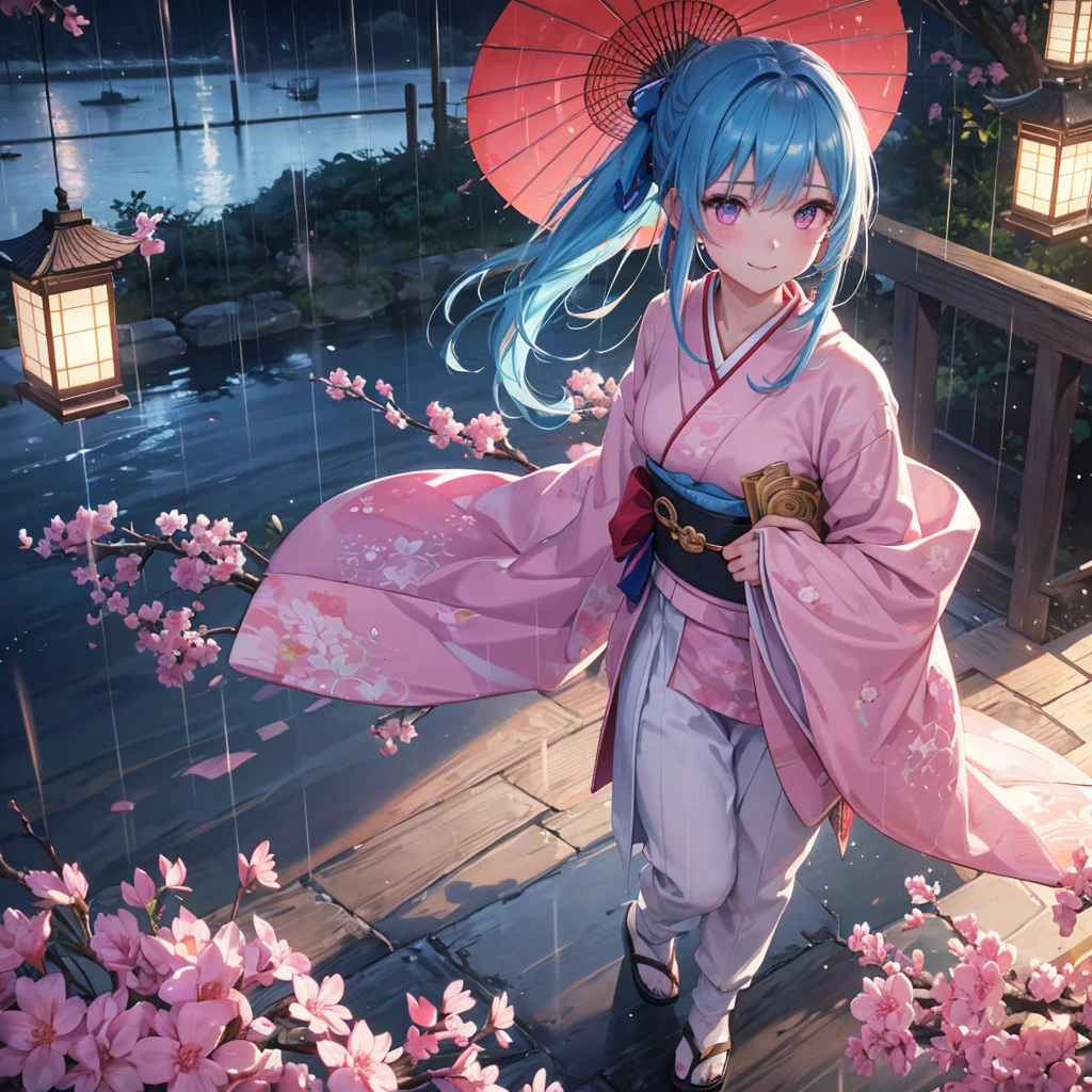 sky Blue hair, (braided ponytail),(pink eyes),fair skin ,(full body),(1 girl),smile,Straight Bangs,(masterpiece, best quality, ultra-detailed, best shadow), (detailed background), (beautiful detailed face), high contrast, (best illumination, an extremely delicate and beautiful), ((cinematic light)), colorful, hyper detail, dramatic light, intricate details,rain shower,kyoto,Japanese Umbrella,kimono,