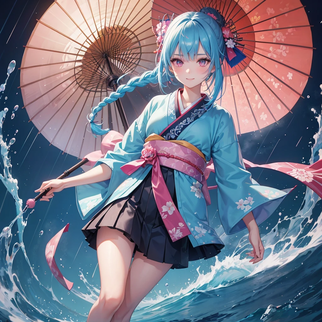 sky Blue hair, (braided ponytail),(pink eyes),fair skin ,(full body),(1 girl),smile,Straight Bangs,(masterpiece, best quality, ultra-detailed, best shadow), (detailed background), (beautiful detailed face), high contrast, (best illumination, an extremely delicate and beautiful), ((cinematic light)), colorful, hyper detail, dramatic light, intricate details,rain shower,kyoto,Japanese Umbrella,kimono,