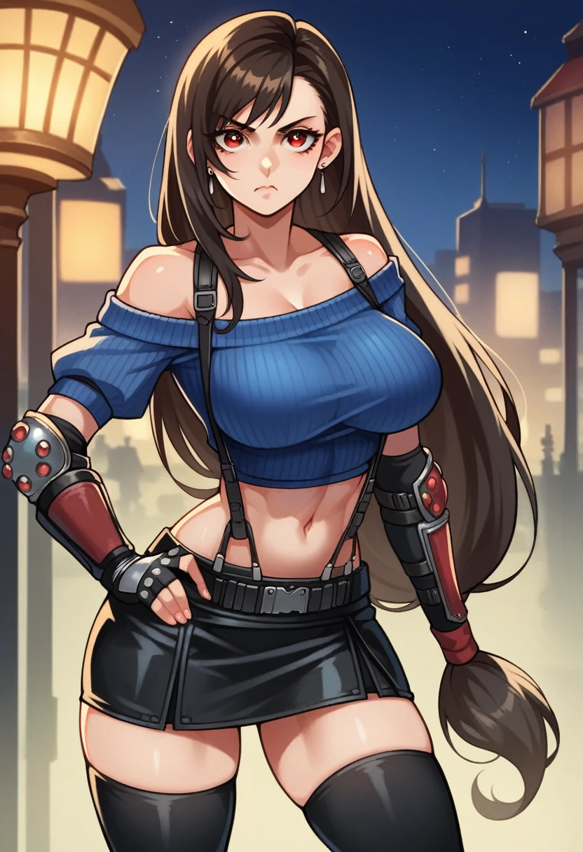 perfect eyes:1.2, detailed eyes:1.4, serious, hand on hip, night, city, metTifa, red eyes, low-tied long hair, earrings, cropped sweater, blue sweater, off-shoulder, midriff, short sleeves, suspender skirt, elbow gloves, fingerless gloves, armored legwear, medium full shot, thigh-level shot, 1girl,(masterpiece:1.6, best quality),
