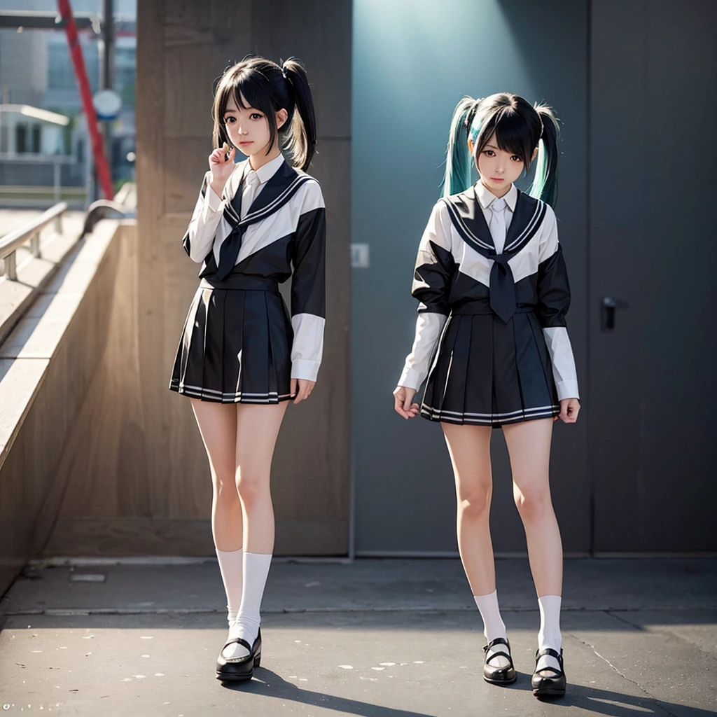 Hatsune Miku Cosplay、Black Hair、Short Hair、The hair is very short、Twintails、I have headphones on、40 years old、Singing on a microphone、Pleated skirt、Sailor suit、tie、flat chest、Realistic photos、Realistic、8K quality、tall、No bangs、Close up on face、The background is simple、very short hair、Full body shot