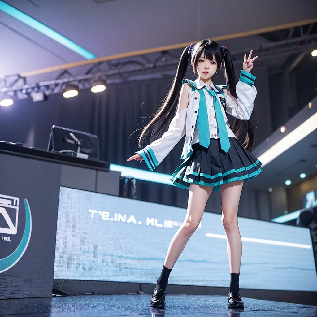 Hatsune Miku Cosplay、Black Hair、Short Hair、The hair is very short、Twintails、I have headphones on、40 years old、Singing on a microphone、Pleated skirt、Sailor suit、tie、flat chest、Realistic photos、Realistic、8K quality、tall、No bangs、Close up on face、The background is simple、very short hair、Full body shot