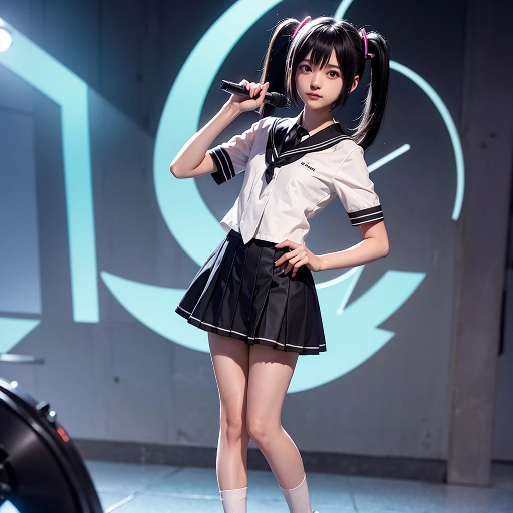 Hatsune Miku Cosplay、Black Hair、Short Hair、The hair is very short、Twintails、I have headphones on、40 years old、Singing on a microphone、Pleated skirt、Sailor suit、tie、flat chest、Realistic photos、Realistic、8K quality、tall、No bangs、Close up on face、The background is simple、very short hair、Full body shot