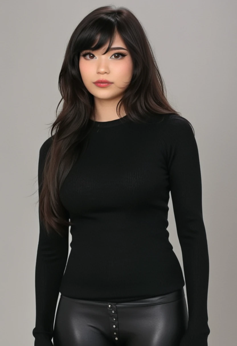 a girl, full headshot breasts, black sweater, emirulolxl, black leather pants, curvy body, 