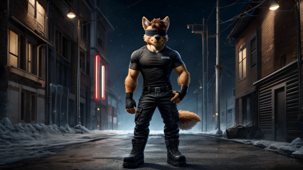 Chase from Paw Patrol, male shepherd, anthro, brown hair, blindfold, black shirt, black cargo pants, black boots, fingerless black gloves, standing, tall, cold serious, detailed, solo, beautiful, high quality, 4K