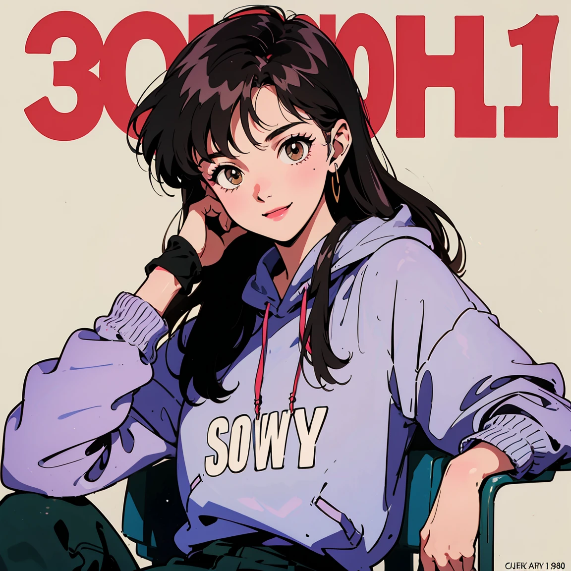 Best image quality, 1980s style animation, 21 year old girl, black hair, long hair, light brown eyes, skin as pale as snow,  With a baggy sweatshirt, white background, magazine cover, whole body , sit on a chair , posing, Smiling broadly, So pretty, sexy face, whole body 