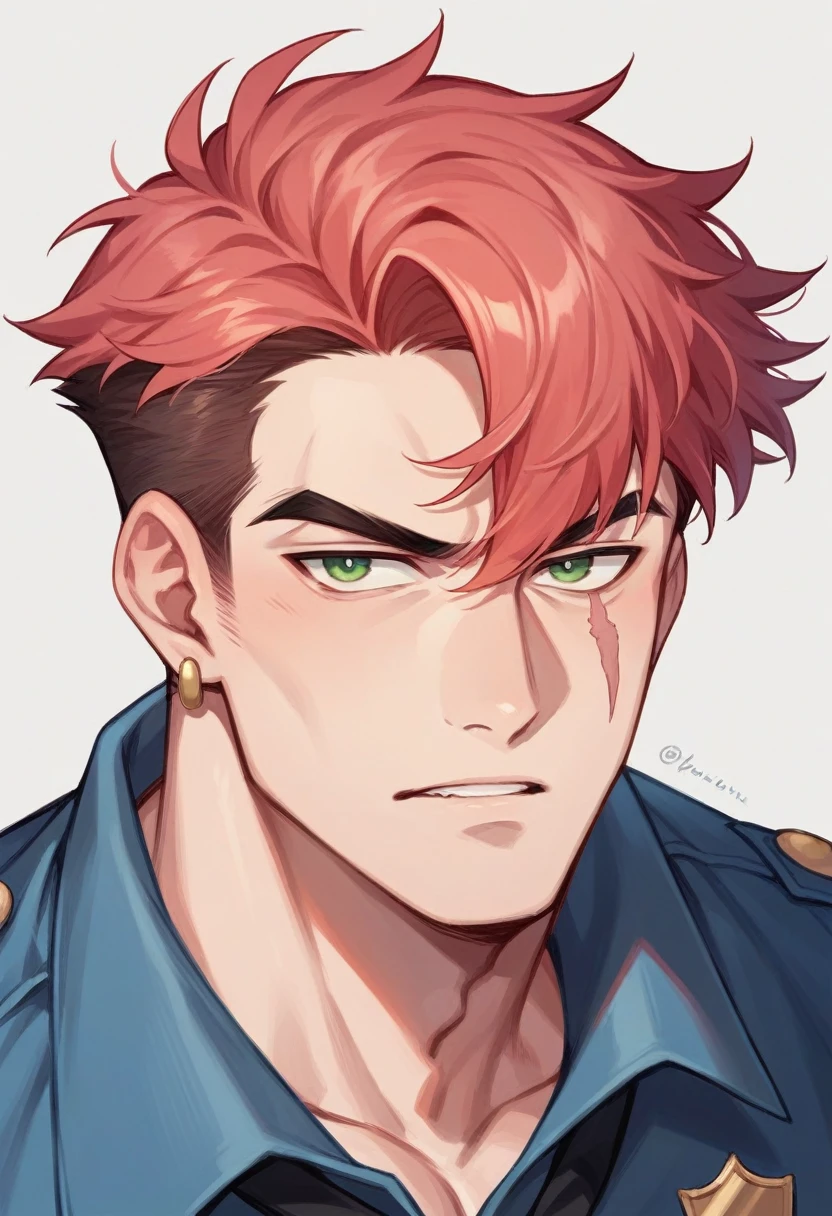 Create the image of a 25-year-old red-haired man with short pink locks and green eyes, has a scar on his eyebrow and wears an earring, he is a police detective