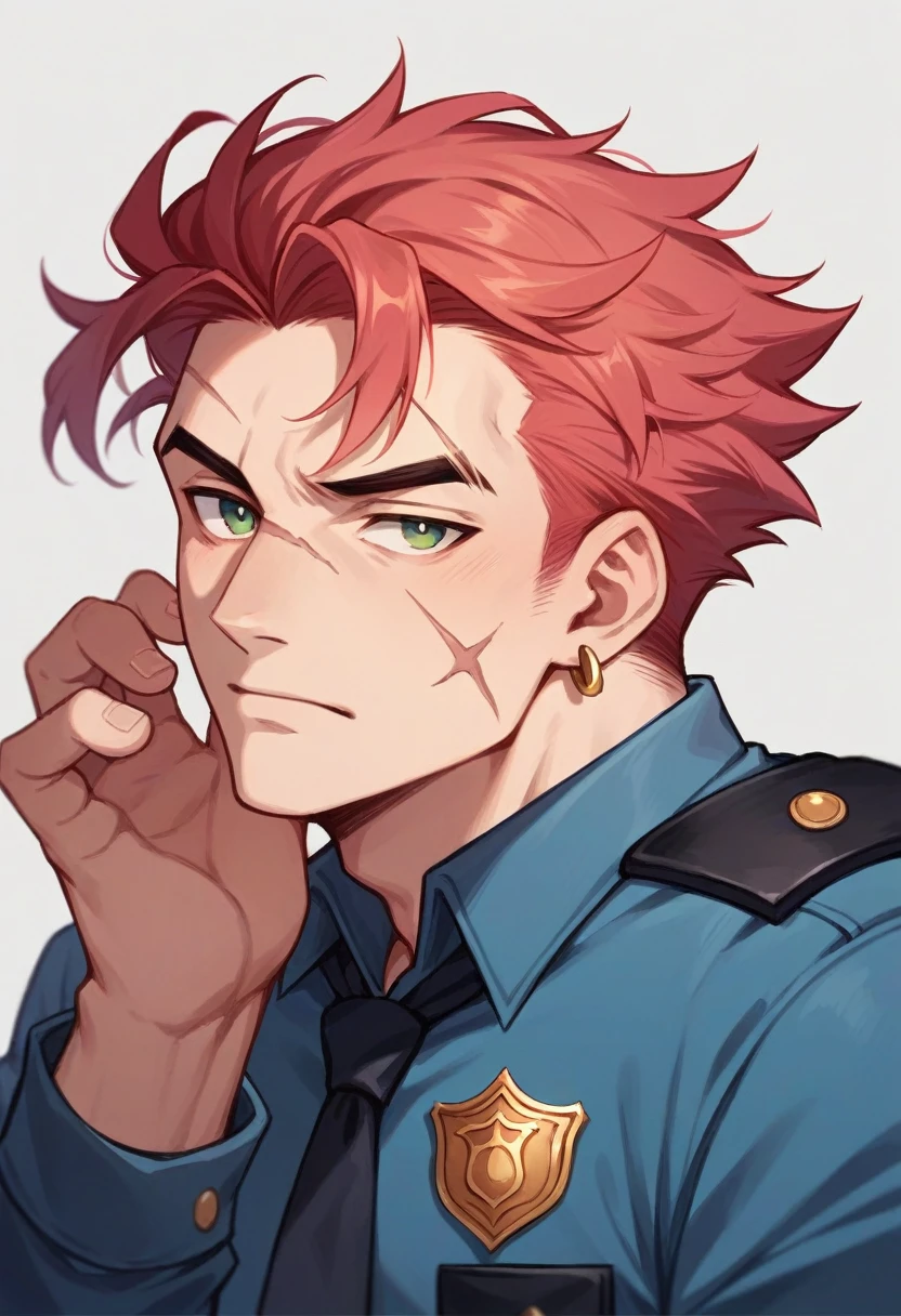 Create the image of a 25-year-old red-haired man with short pink locks and green eyes, has a scar on his eyebrow and wears an earring, he is a police detective 