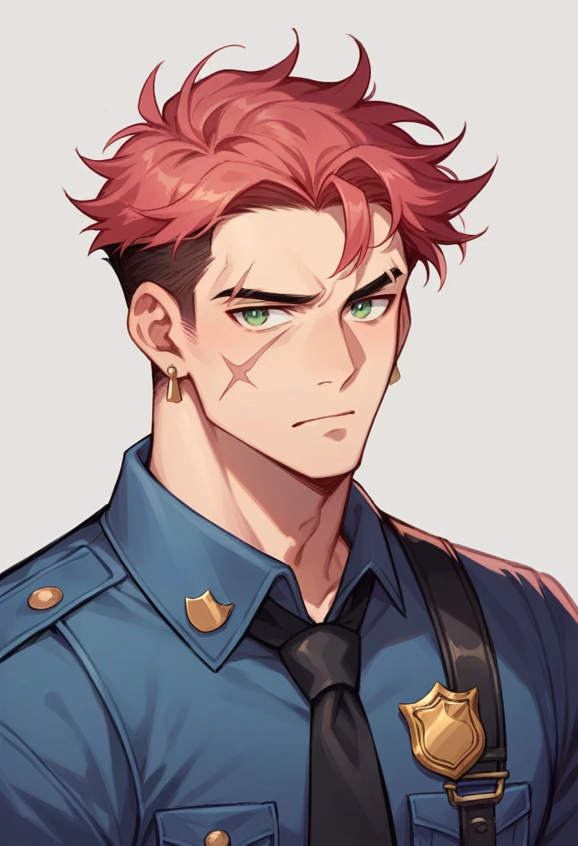 Create the image of a 25-year-old red-haired man with short pink locks and green eyes, has a scar on his eyebrow and wears an earring, he is a police detective 