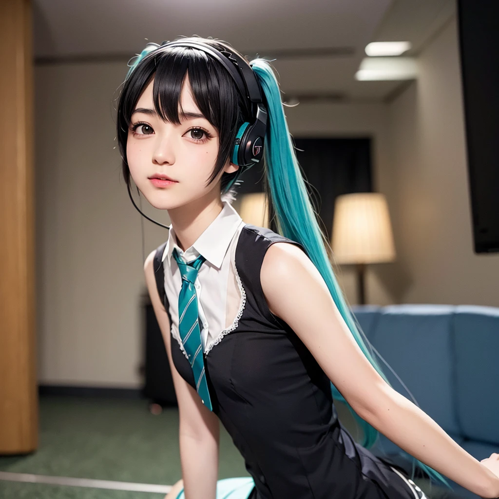 Hatsune Miku Cosplay、Black Hair、Short Hair、The hair is very short、Twintails、I have headphones on、40 years old、Singing on a microphone、tie、flat chest、Realistic photos、Realistic、8K quality、No bangs、The background is simple、very short hair、Full body shot