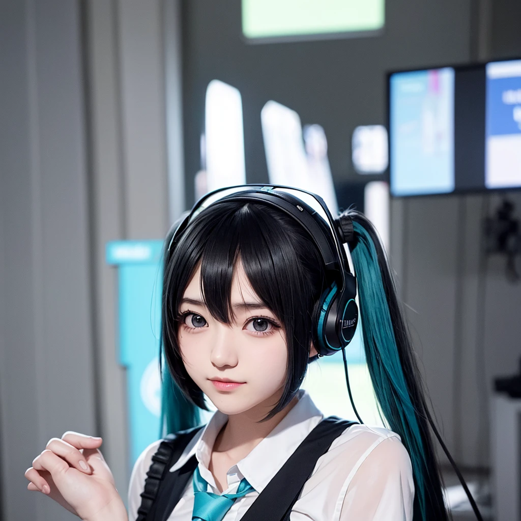 Hatsune Miku Cosplay、Black Hair、Short Hair、The hair is very short、Twintails、I have headphones on、40 years old、Singing on a microphone、tie、flat chest、Realistic photos、Realistic、8K quality、No bangs、The background is simple、very short hair、Full body shot