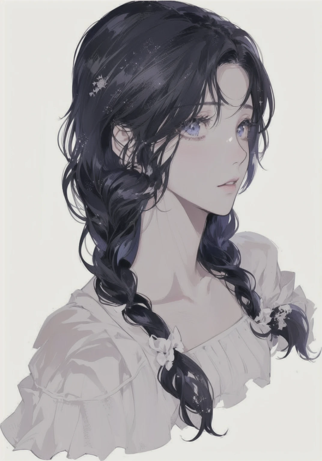 anime girl with long black hair and a white blouse, in the art style of bowater, beautiful anime portrait, delicate androgynous prince, detailed portrait of anime girl, highly detailed exquisite fanart, profile of anime girl, with black pigtails, 🤤 girl portrait, anime girl portrait profile, beautiful anime woman