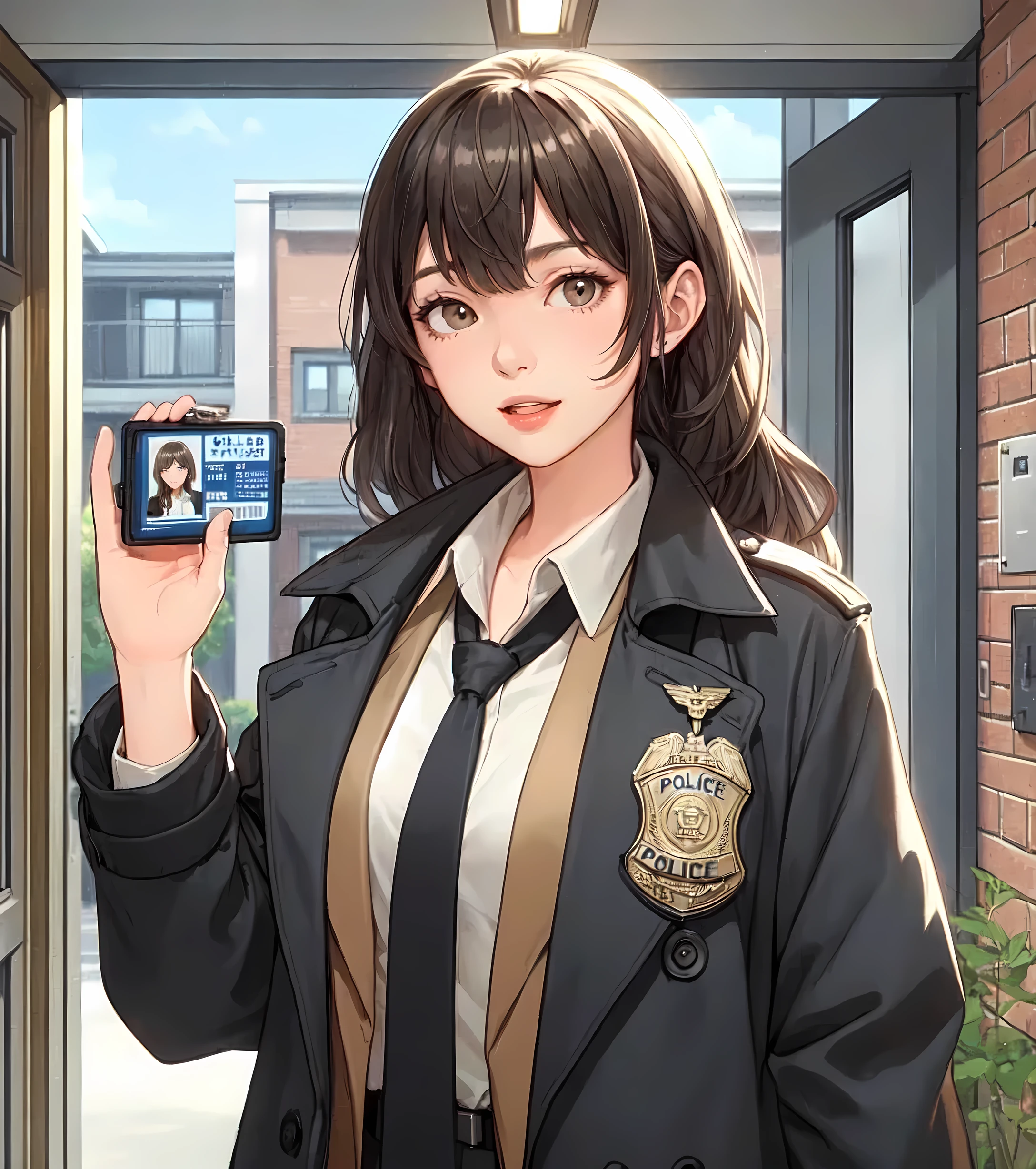1lady standing, ((showing police badge:1.1) with photo ID) to viewers, female detective, police, (black trench coat) over business suit, (mature female:0.8), /(gray brown hair/) bangs, speaking, (light smile:0.4), (open mouth:0.6), (masterpiece best quality:1.2) delicate illustration ultra-detailed, large breasts BREAK (apartment entrance) outdoors, (open door), residential area, detailed background