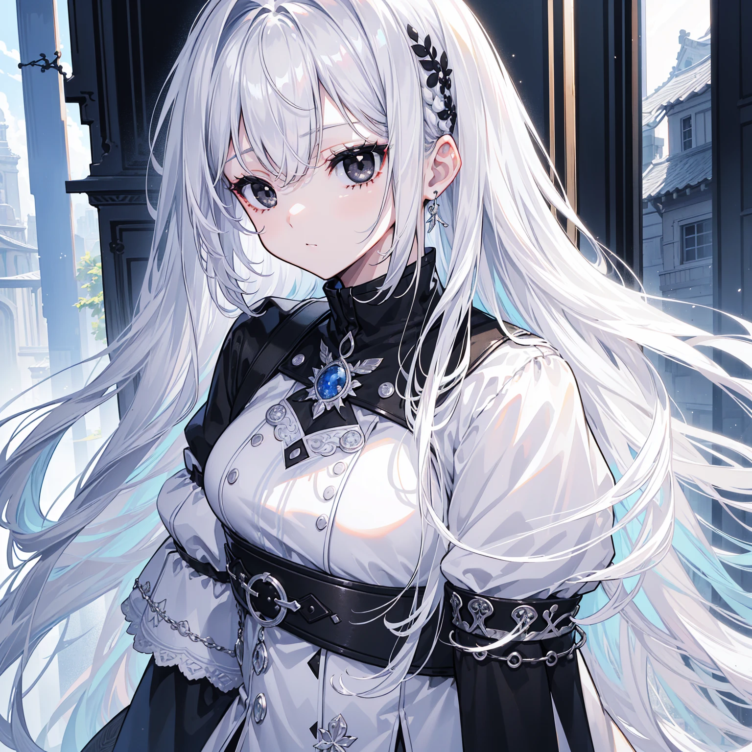 (Top image quality)、(Ultra Detailed)、(Facing forward)、top quality、masterpiece、(((1 girl)))、Silver Hair、white hair、((Long hair))、(black eyes:1.6)