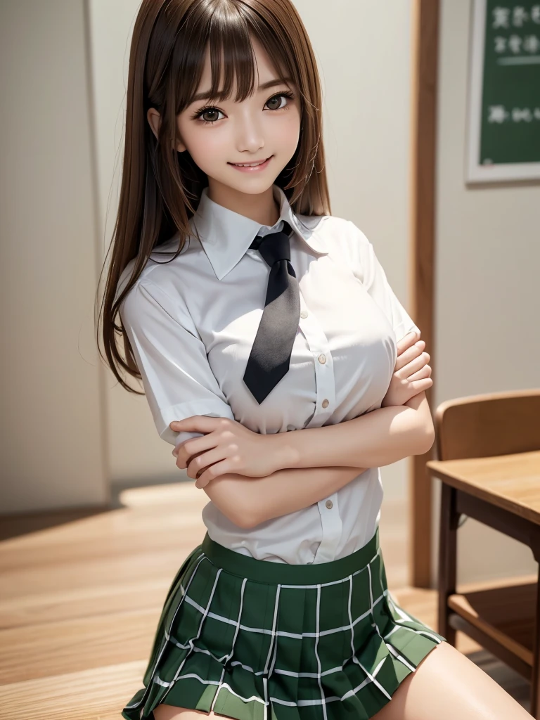 8K, Highest quality, The real picture, Intricate details, Very detailed, Ultra-high resolution, Depth Field,(Realistic,Realistic:1.2),Tabletop , ((Full Body Shot)) , ((Long, slender legs)), 1 girl, eye_Chan, Very beautiful 17 year old girl, innocent big eyes,、Beautiful breasts:1.5、非常に詳細なeye:1.2)、(Beautiful breasts:1.1)、((Brown Hair))、(Long Bob Hair), Asymmetrical bangs, Perfect Skin, Fair skin, Small breasts, Tight waist, alone, Staring at the audience, (smile)、((School_uniform), (White shirt、Wear a tie), (Green checkered pleated micro mini skirt), ((Fold your arms in front of your chest and act arrogantly)), ((楽しそうなsmile)), ((Perfect hand shape))