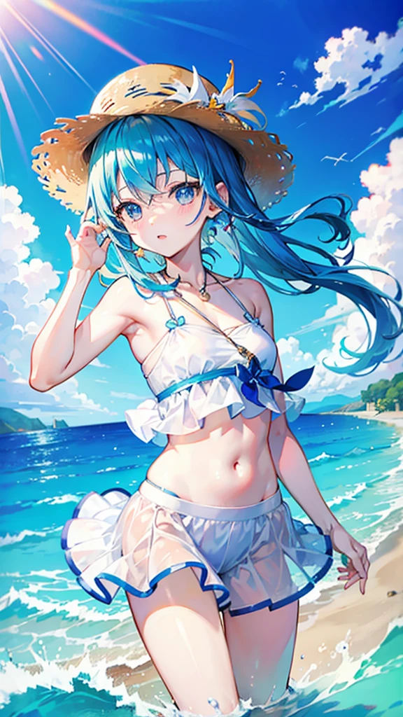  sticking to the shirt、Her breasts are visible through her blue and white striped shirt、Blue flared skirt、She lifts her skirt to reveal her cute white lace underwear、Girl with long black hair and glasses、whole body、Sandy beach and blue sky