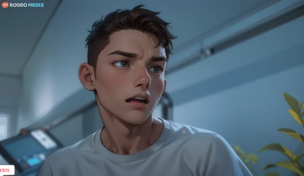 He is talking, he opens his mouth, he is scared and he is surprised, he asks for forgiveness, he has brown hair, he is 18 years old.