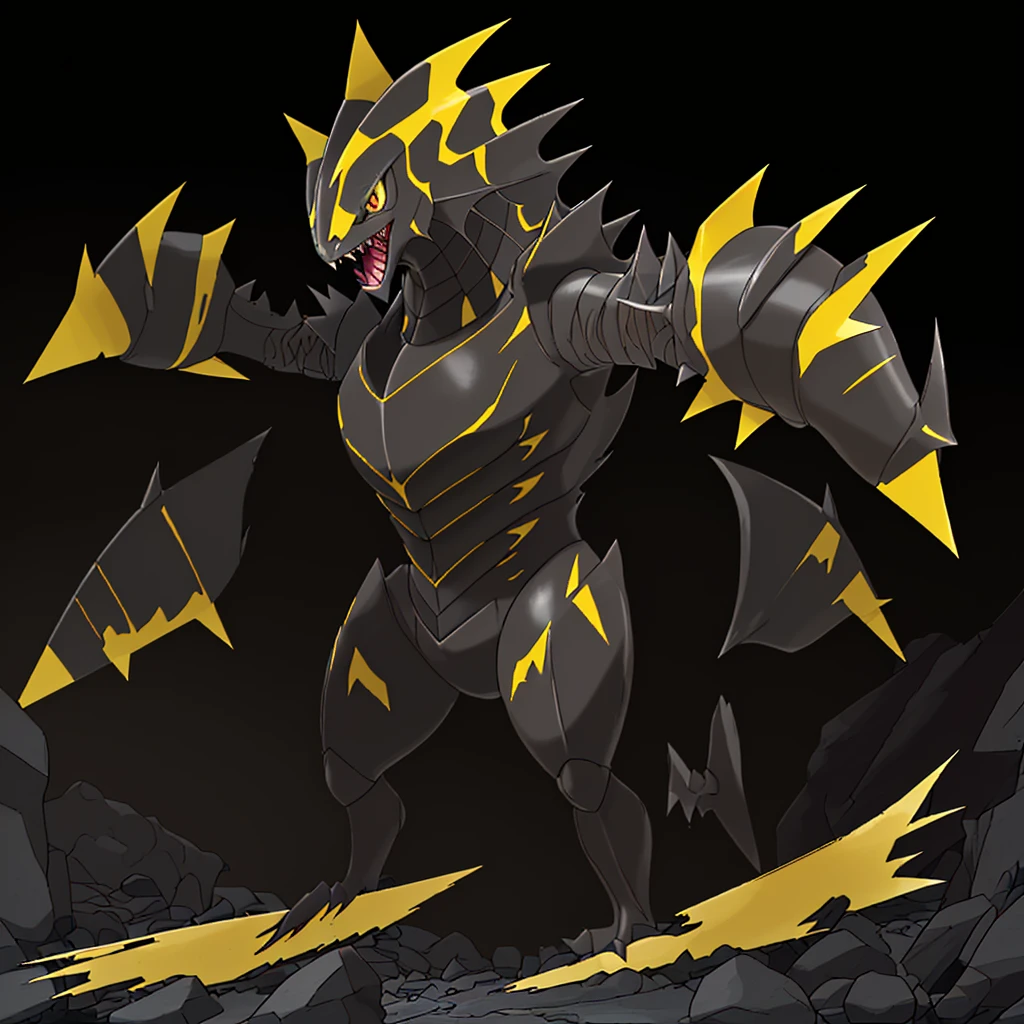 pokemon fish, evolved, Yellow eyes, Sharp teeth, legendary, rocky looking, skin colored underneath, black with yellow on top, black stripes on the upper part of the body, pointed tail, arms with thorns, thick thighs