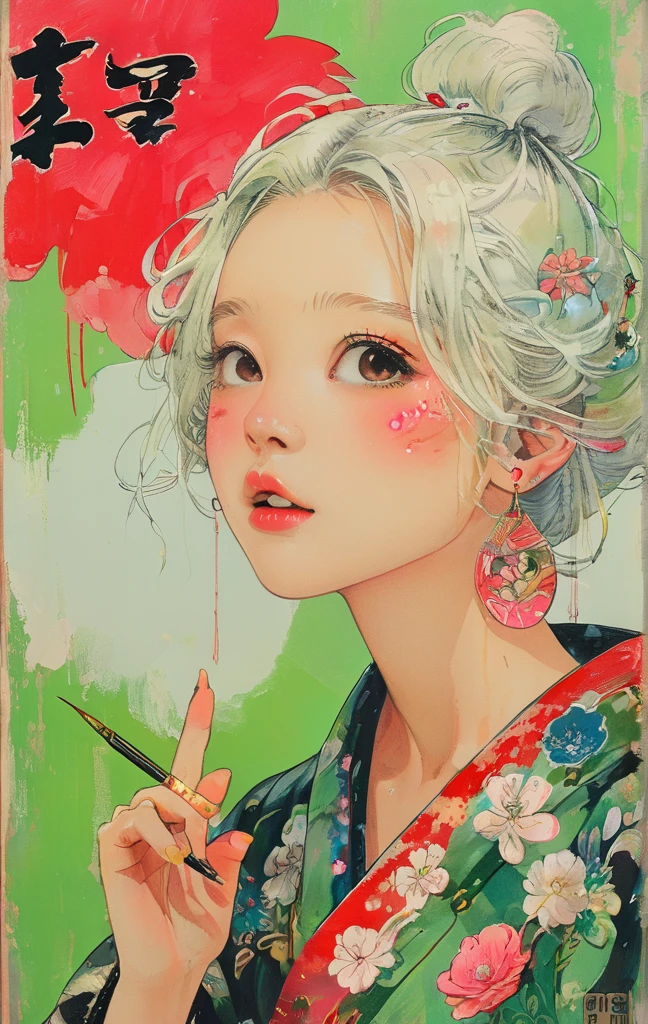 On a bright red campus"YES"Character、(masterpiece, best quality:1.2), 1 girl, Solitary,anime style,White hair, Girl with pink lips and light floral earrings puts finger on mouth,With the style of a top portrait painter, Yellow-green background.