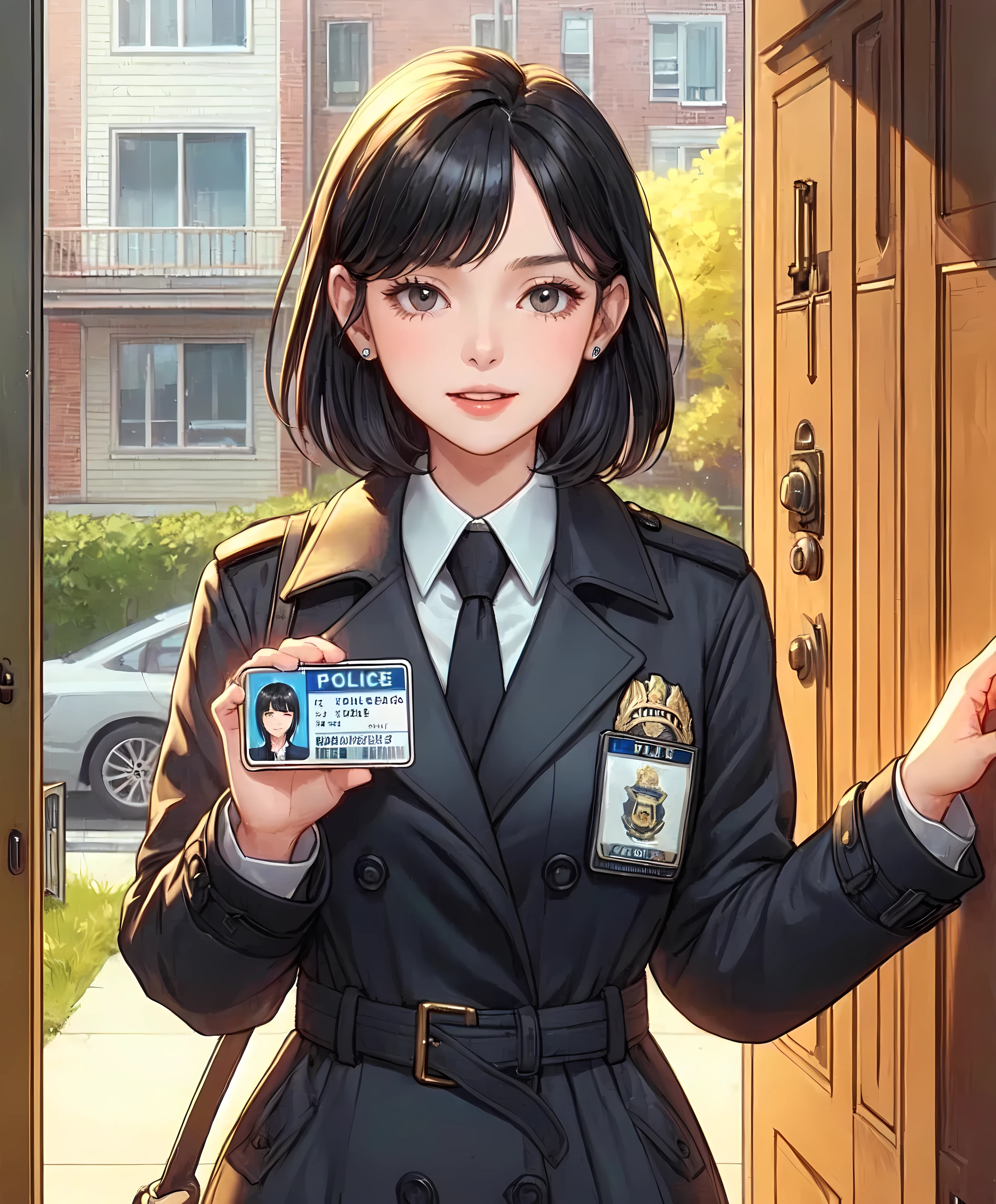1lady standing, ((showing police badge:1.1) with photo ID) to viewers, female detective, police, (black trench coat) over business suit, (mature female:0.8), /(black hair/) bangs, speaking, (light smile:0.4), (open mouth:0.6), (masterpiece best quality:1.2) delicate illustration ultra-detailed, large breasts BREAK (apartment entrance) outdoors, (open door), residential area, detailed background
