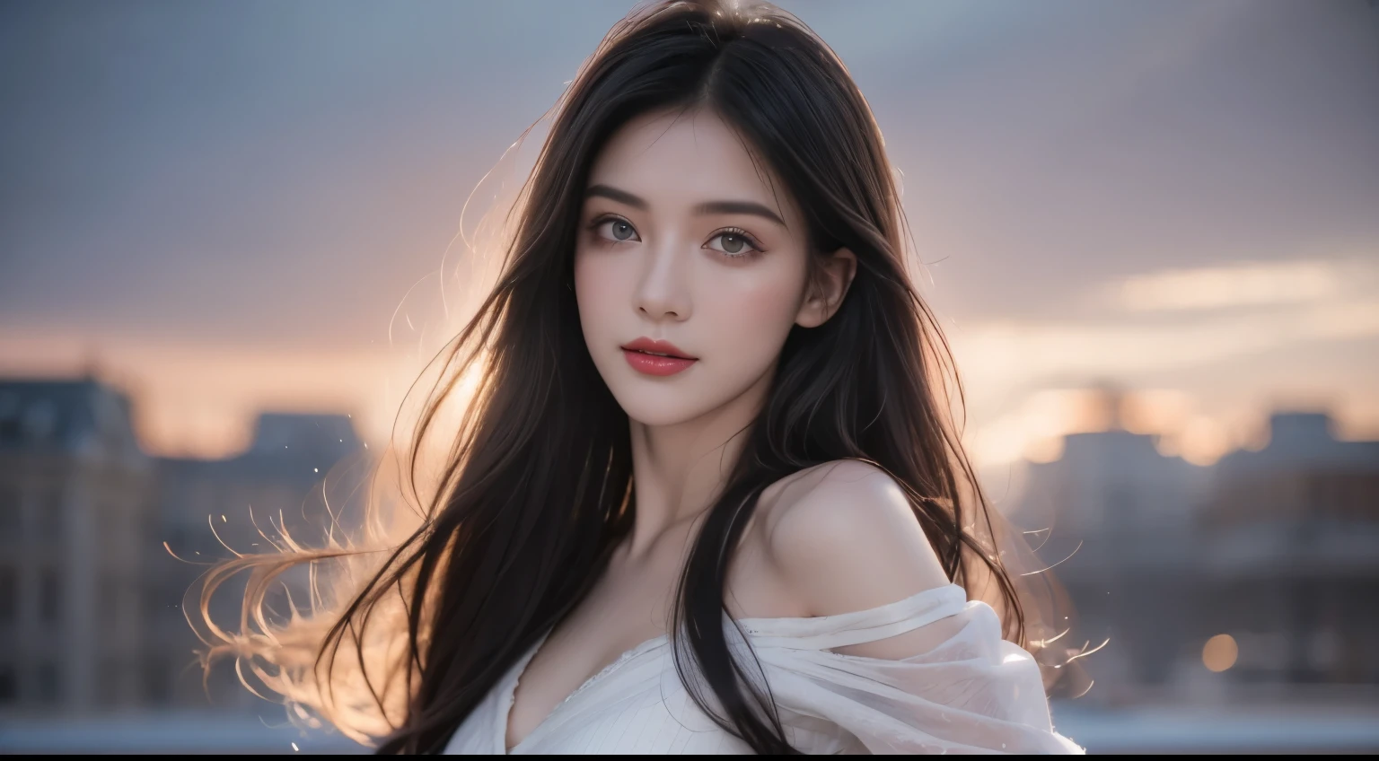 Black Hair, Hair shaking, victory, Long eyelashes, Solid round eye, A faint smile, ears red, direction, precise, Surrealism, shadow, Relief, Stereogram, Standing picture, Ass PoV, Atmospheric perspective, 8K, Super Detail, best quality, best quality, High Detail, Anatomically correct, Ultra HD, Retina, high quality, high resolution, Textured Skin, masterpiece, aprecise, Super Detail, The award-winning,Paris , Storm scene, Edwardian Women in White, watercolor