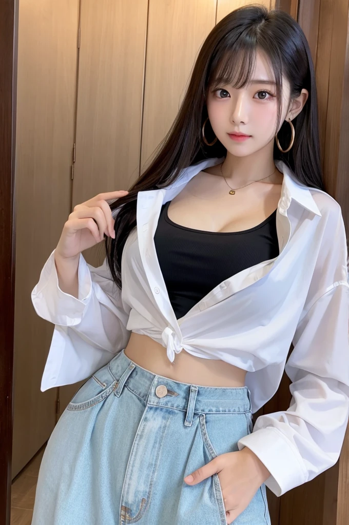 realistic, high resolution, 1 girl, long hair, Korean,, loose white shirt, skinny denim shorts,, delicate thighs,