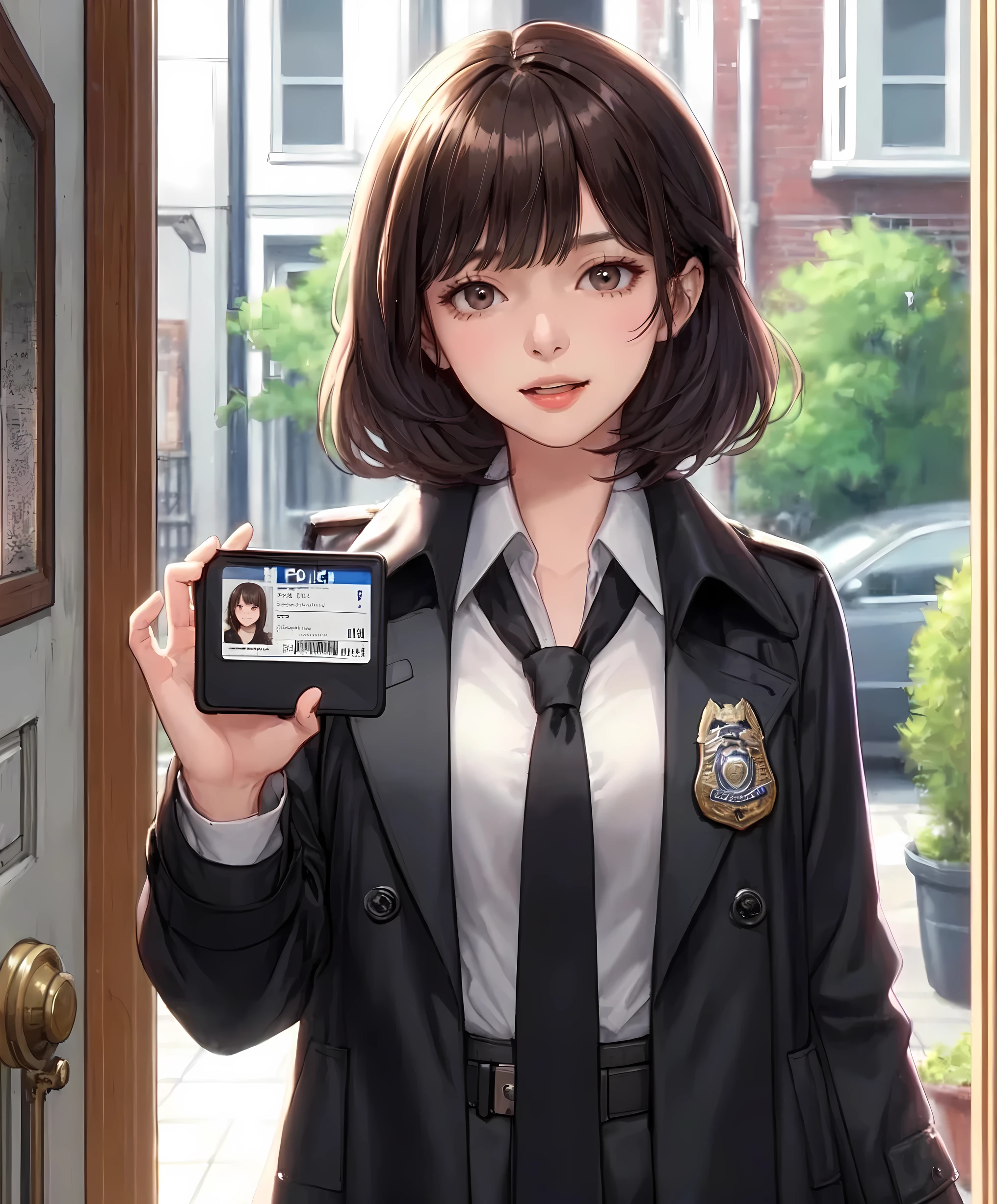 1lady standing, ((showing police badge:1.1) with photo ID) to viewers, female detective, police, (black trench coat) over business suit, (mature female:0.8), /(brown hair/) bangs, speaking, (light smile:0.4), (open mouth:0.6), (masterpiece best quality:1.2) delicate illustration ultra-detailed, large breasts BREAK (apartment entrance) outdoors, (open door), residential area, detailed background