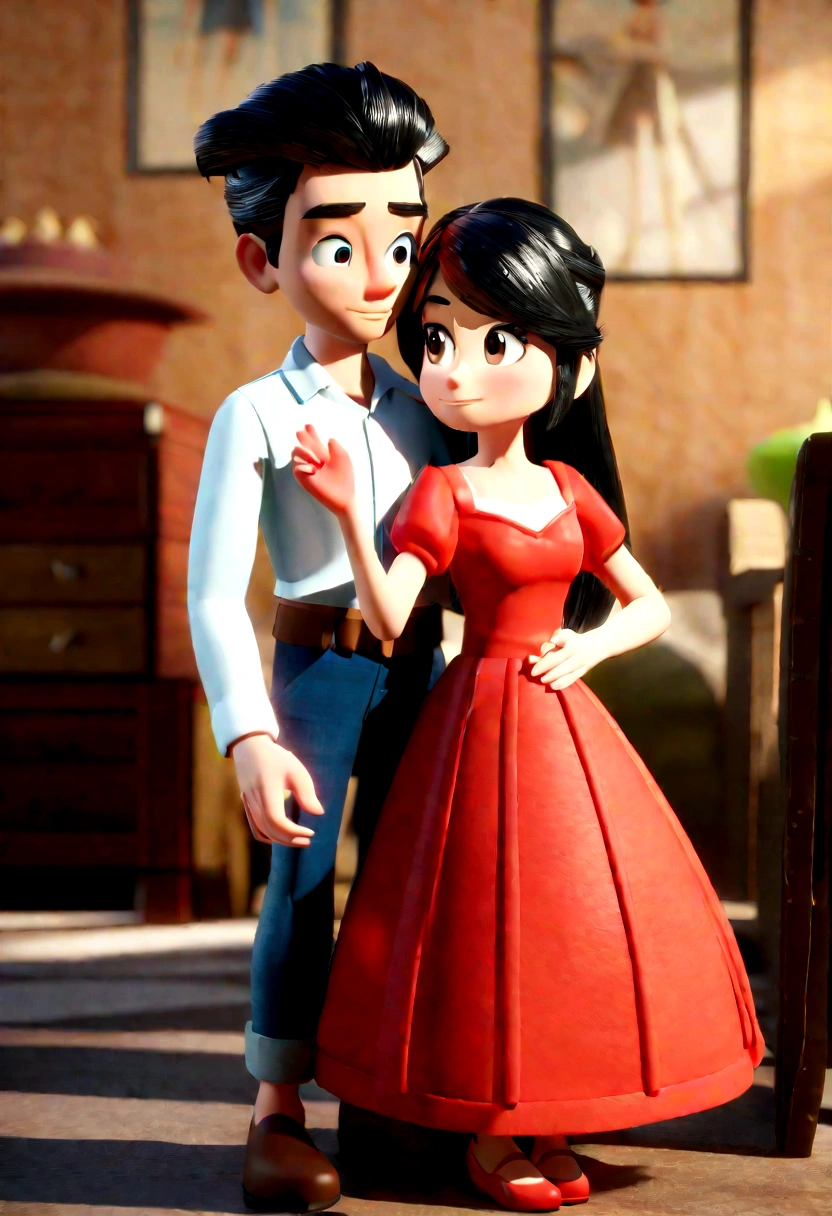  Disney-Pixar movie Poster Couple feeling in love in งานแต่ง ผู้หญิง+black hair+brown eyes+Red dress , man+black hair+white shirt. in 3D Disney-pixar style ประมาณนี้ค่า