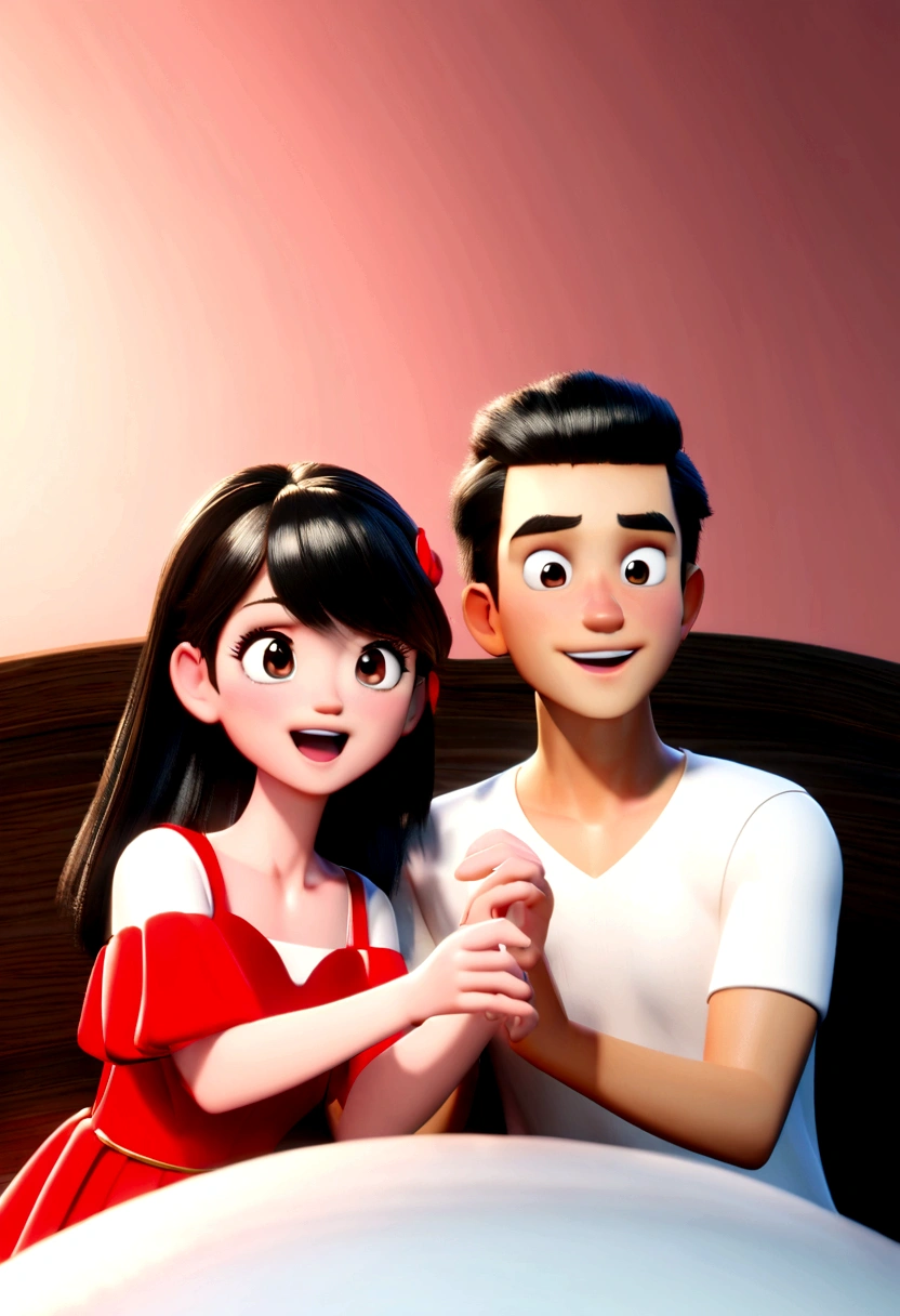 Disney-Pixar movie Poster Couple feeling in love in งานแต่ง ผู้หญิง+black hair+brown eyes+Red dress , man+black hair+white shirt. in 3D Disney-pixar style ประมาณนี้ค่า