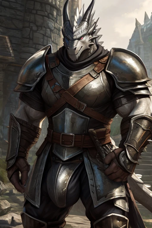 A large attractive muscular male Anthro Platinum dragon  Massive guy, extremely muscular, looks protective and possessive,, seductive, wearing spiky armor, large muscles, big bulge, in knight armor, White scales, Guard, Skyrim guard armor, Skyrim Guard, Whiterun,