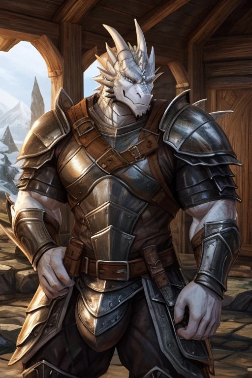 A large attractive muscular male Anthro Platinum dragon  Massive guy, extremely muscular, looks protective and possessive,, seductive, wearing spiky armor, large muscles, big bulge, in knight armor, White scales, Guard, Skyrim guard armor, Skyrim Guard, Whiterun,