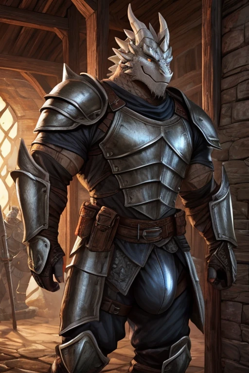 A large attractive muscular male Anthro Platinum dragon  Massive guy, extremely muscular, looks protective and possessive,, seductive, wearing spiky armor, large muscles, big bulge, in knight armor, White scales, Guard, Skyrim guard armor, Skyrim Guard, Whiterun,