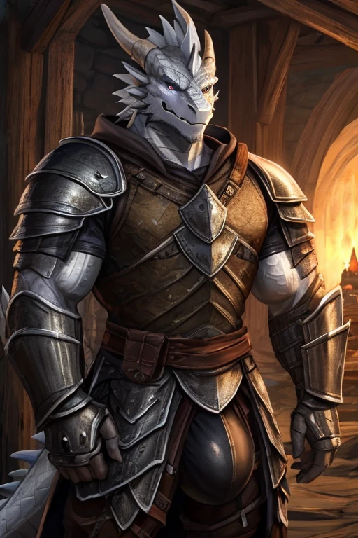 A large attractive muscular male Anthro Platinum dragon  Massive guy, extremely muscular, looks protective and possessive,, seductive, wearing spiky armor, large muscles, big bulge, in knight armor, White scales, Guard, Skyrim guard armor, Skyrim Guard, Whiterun,