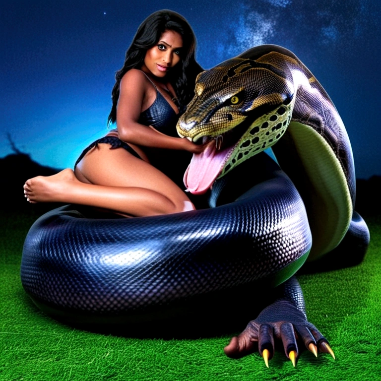Happy Horny, aroused 1girl), beautiful kneeling Indian young girl with giant colossal black titanboa monster squeezing her hard, wrapped in thick spiraling coils, constricted, struggle, gasping for air, snake attack, snake peril, moonless night, dim light